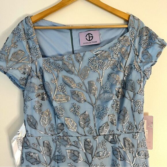 JS Collections Julia Cap Sleeve Column Gown Silver Sequins Light Blue, 12, NWT - Picture 6 of 13